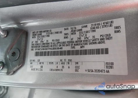 2017 Ford Escape Se из США, поврежденный, VIN 1FMCU9GD7HUB93648